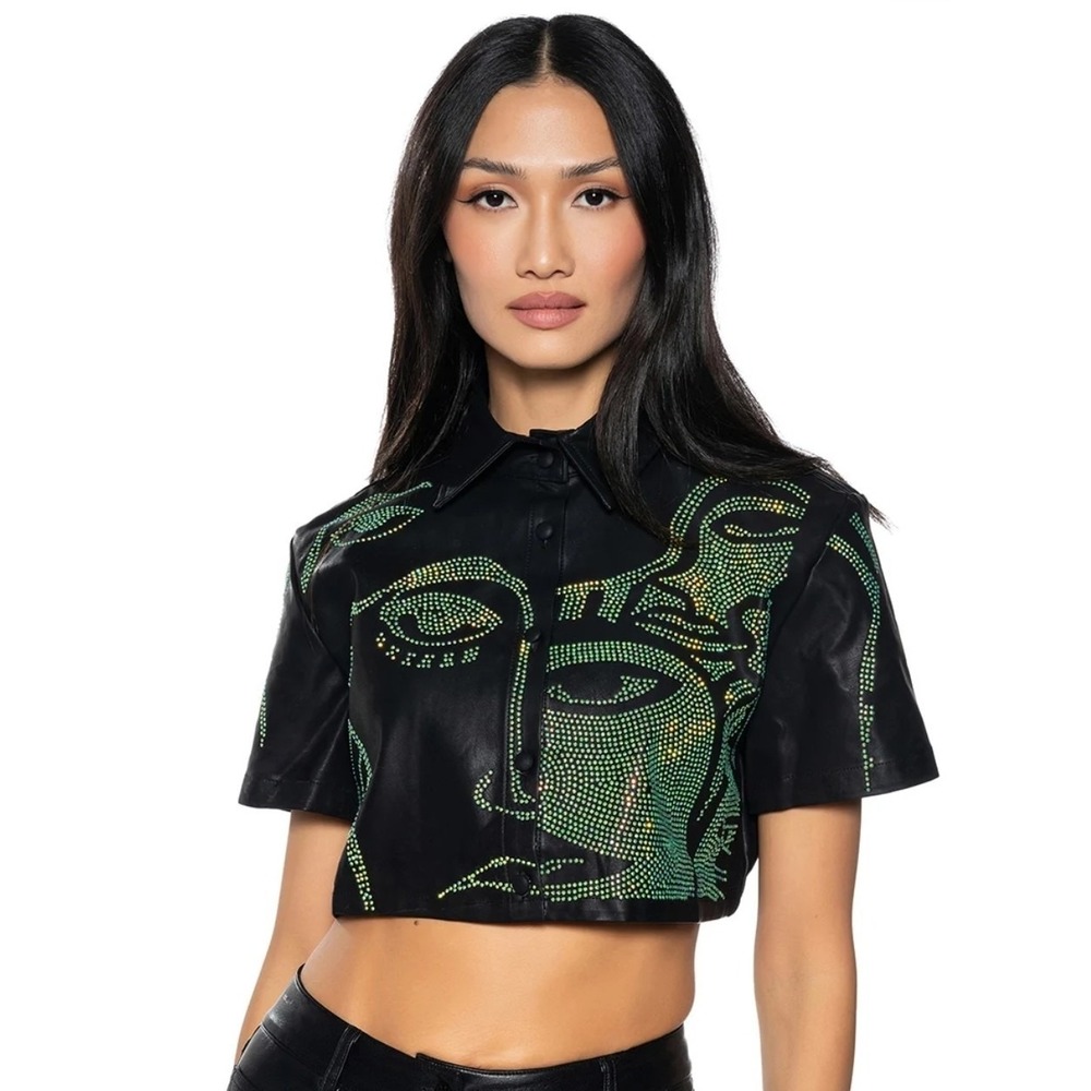 Akira Giving Face Cropped Faux Leather Button Down Top Sz Large Embellished